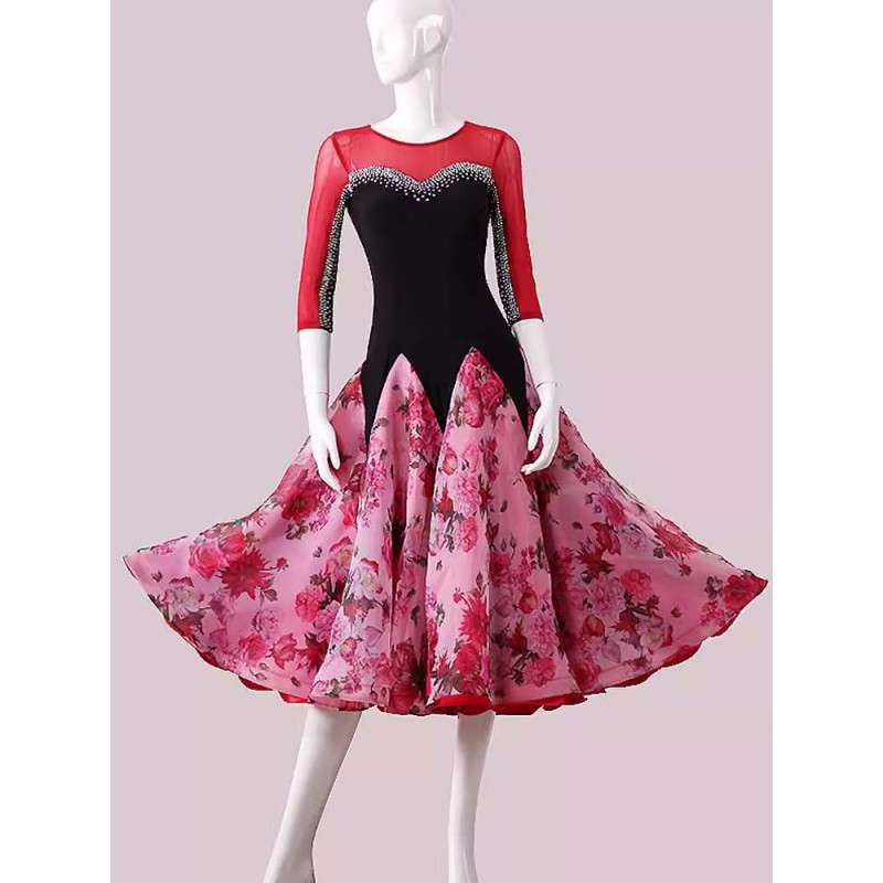 Customized size wine red rose flowers ballroom dancing dresses for women girls competition stage performance waltz tango foxtrot smooth dance long gown